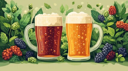 Two mugs of beer with hops and berries.
