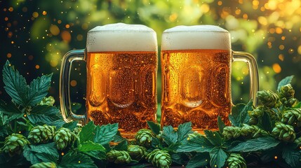 Two mugs of beer with hops on a wooden surface.