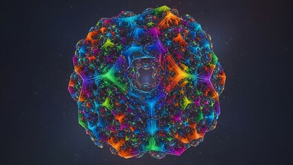 A vibrant, intricate fractal sphere displaying a kaleidoscope of colors against a dark, starry background, showcasing complex geometric patterns.