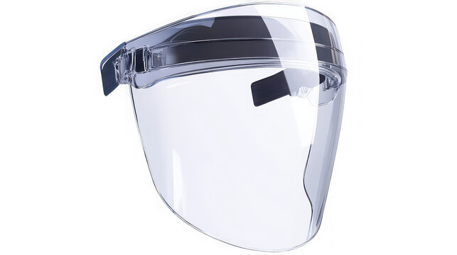Clear plastic adjustable face shield visor offering full facial protection against droplets isolated on a stark black background for easy integration.