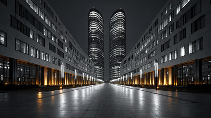 Modern office buildings with illuminated windows and street lights at night create symmetrical urban scene with reflective tiled walkway and twin cylindrical towers in background