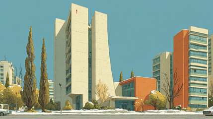 Modern office building exterior with tall trees and autumn foliage under clear blue sky, urban architecture with clean lines and calm atmosphere in cityscape