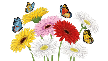 Colorful gerbera flowers with butterflies on white background isolated on transparent background
