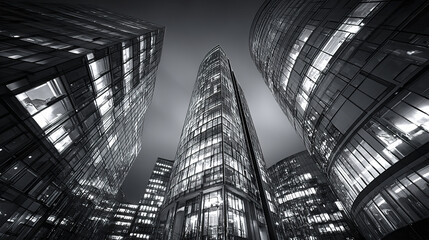 Modern office building glass facade at night with illuminated windows and dramatic sky in black and white, showcasing urban architecture and cityscape