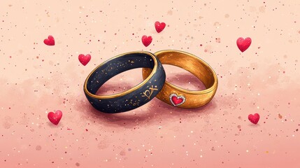 Two wedding rings with hearts.