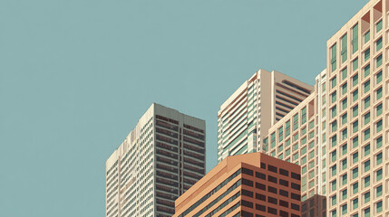 Modern office building exterior with grid windows and clear sky, showcasing urban architecture and cityscape in soft daylight