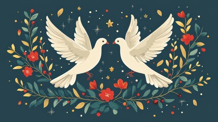 Two white doves facing each other amidst floral wreath.