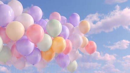 A collection of balloons in various colors drifts in the blue sky under soft clouds. The scene captures a light moment suggesting celebration and joy.