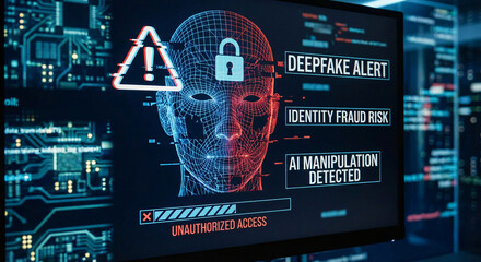 ディープフェイク警告とAI操作が検出されたデジタル画面、身元詐欺のリスクを示すサイバーセキュリティのコンセプト.
