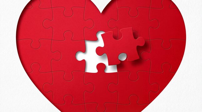 Close up of a large red heart made of puzzle pieces on a white background, with the final piece fitting in to represent finding the perfect match