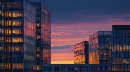 Modern office building glass facade reflecting colorful sunset sky with warm interior lights glowing in evening cityscape