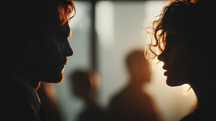Silhouettes of man and woman facing each other in dimly lit room with blurred figures in background, creating dramatic and intimate atmosphere