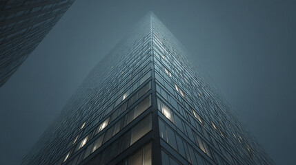 Modern glass office building with illuminated windows in foggy weather, creating mysterious and dramatic urban atmosphere at night