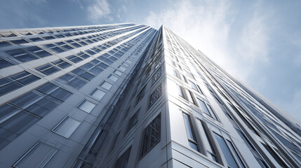 Modern office building exterior with reflective glass windows under bright sky, showcasing architectural height and sleek urban design in city environment