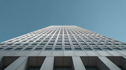 Modern office building exterior with grid windows and clear blue sky, showcasing architectural height and urban design in bright daylight setting