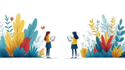 Two women with tablets, facing each other, amidst colorful foliage.