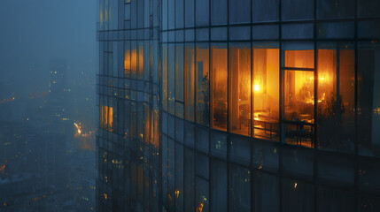 Office window glowing warmly in dark rainy night on modern glass building facade reflecting city lights and creating cozy atmosphere in urban environment