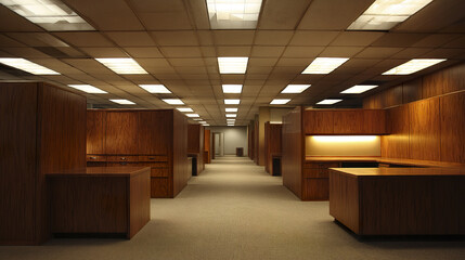 Old fashioned office cubicles with wood paneling and warm lighting create nostalgic and cozy workspace atmosphere in this empty corporate office hallway