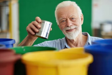 Older man smiles and raises a can near colorful buckets in a workshop setting during daytime