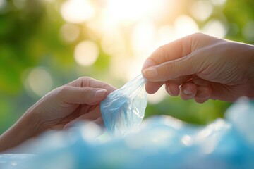 People cleaning up trash in a park while the sun sets in the background during an environmental event