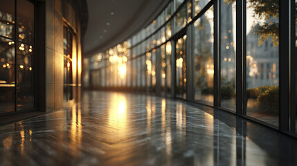 Curved modern hallway with large glass windows reflecting warm sunlight, polished wooden floor, and soft bokeh lights creating calm and inviting atmosphere in spacious interior