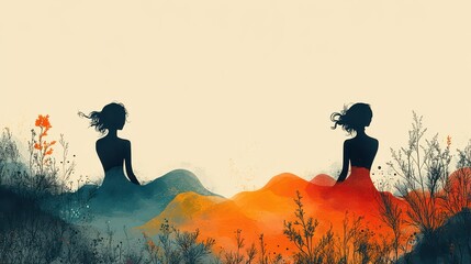 Two women's silhouettes seated on colorful hills, surrounded by wildflowers.
