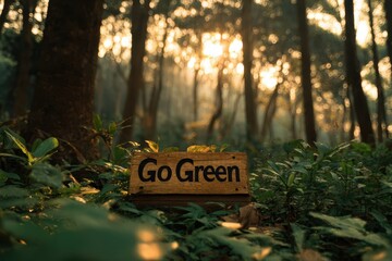Sign in forest promotes environmental awareness with encouragement to adopt green practices for sustainability