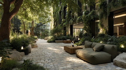 Pathway through green office courtyard with seating area and lush plants, creating peaceful and inviting outdoor space surrounded by modern buildings and natural light