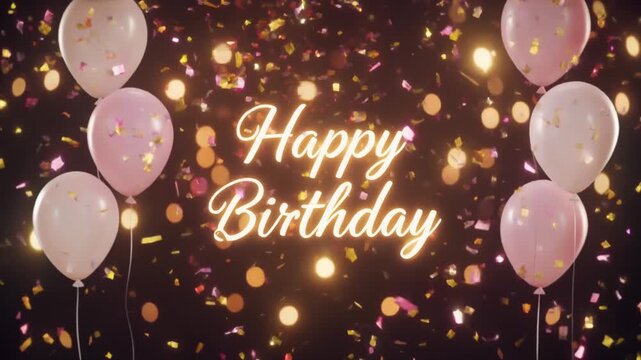 Animated glowing happy birthday text with balloons and sparkle on the background - Powered by Adobe