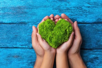 Two hands hold a green heart shape made of moss on a blue wooden background during daylight