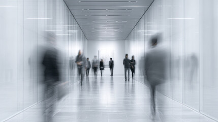 Blurred people walking in modern office corridor with glass walls and bright lighting, creating dynamic and busy atmosphere in professional environment