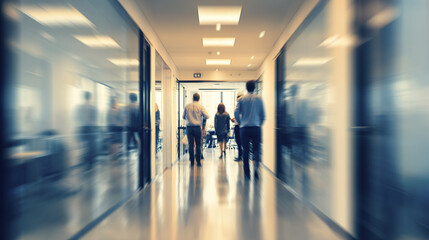People walking in modern office corridor with glass walls and bright lighting, creating dynamic and professional atmosphere with blurred motion effect