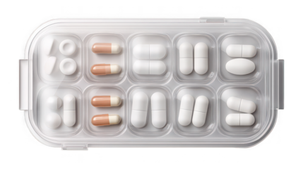 Transparent pill organizer filled with various white and beige capsules meticulously arranged for daily medication tracking and health management purposes