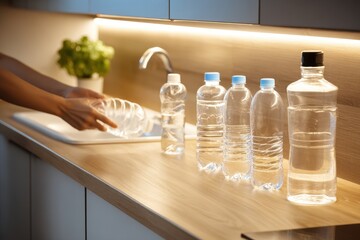 Water bottles are being filled and arranged on a kitchen counter in a home setting during the daytime