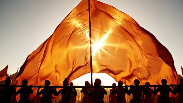 Saffron flag held by crowd at sunset cinematic photography