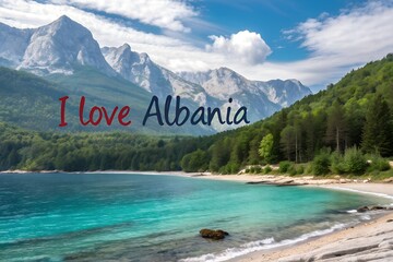 Albania nature scenery travel tourism destination Europe vacation advertising promotion landscape mountains coast text I love Albania travel accessories journey Balkan tourism marketing design poster