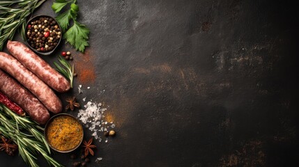 Various types of fresh meats are placed next to bowls of spices and herbs on a dark kitchen countertop. The scene is set for meal preparation in the afternoon.