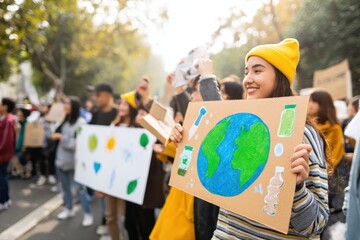 Young people join a protest for environmental awareness in a city park during the afternoon on a sunny day
