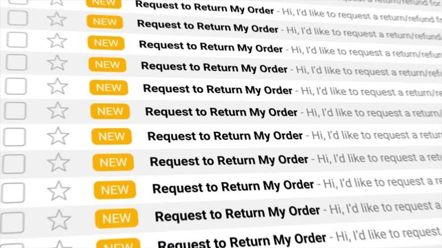 Customer Return Requests flood an email inbox in large numbers. Highlighting e-commerce challenges, customer service overload, and high volume of product returns.