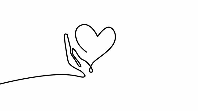  Continuous one line drawing with two hand holding heart shapes. Charity donation linear symbol. Line drawing of heart Romantic symbol for greeting card and web banner line-art