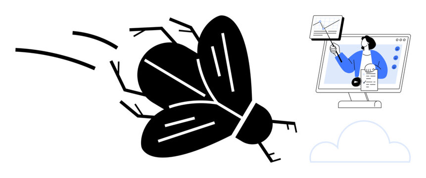 Bug debugging concept. Bug code errors and debugging processes in programming. Debugging in software development, tech problem-solving, and coding improvement. Ideal for IT, programming, software