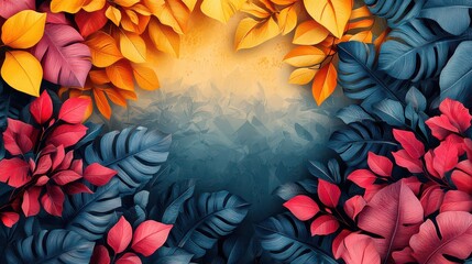 Vibrant autumn leaves frame a misty mountain landscape.