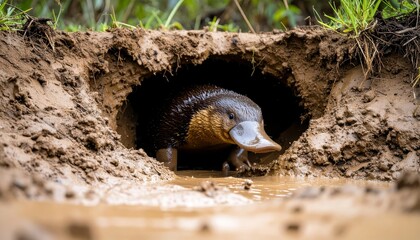Obraz premium Platypus Emerging from Muddy Riverbank Burrow