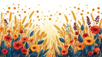 Vibrant autumnal field of wildflowers and wheat, illustration.