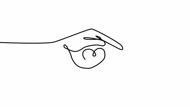 Continuous one line drawing with two hand holding heart shapes. Charity donation linear symbol. Line drawing of heart Romantic symbol for greeting card and web banner line-art