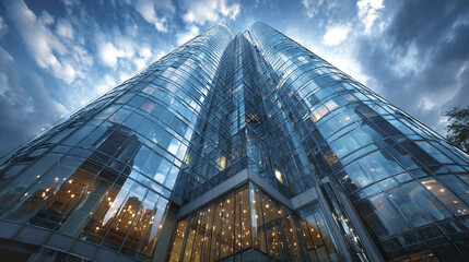 Modern glass high rise building with reflective blue windows under cloudy sky, creating dramatic and impressive urban architectural scene