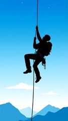 Silhouette of a Climber Ascending a Rope Against a Blue Sky.