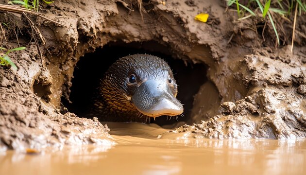 Platypus Emerging from Muddy Riverbank Burrow