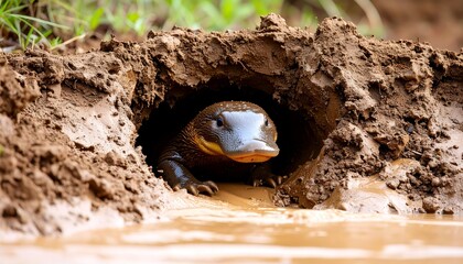 Obraz premium Platypus Emerging from Muddy Riverbank Burrow