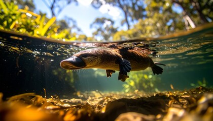 Platypus Swimming Underwater in Australian River